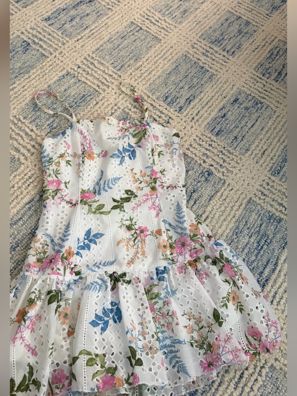 dillards White Eyelet Dress w Pastel Floral Straps size m taken up at the bottom